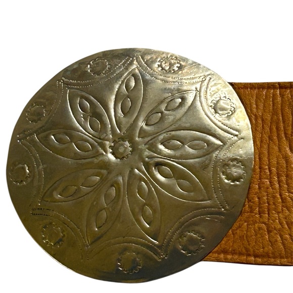 Women’s Tan Genuine Leather Belt with Silver Embellishments, Grommets, and Studs - Picture 3 of 3